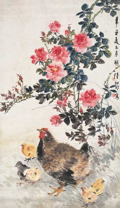 陆抑非 辛丑（1961）年作 花下鸡群 立轴